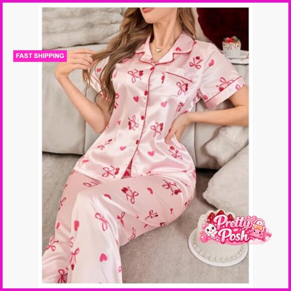Women's Satin Pajama Set Button Down Short Sleeve Pants Sleepwear - Picture 6 of 6